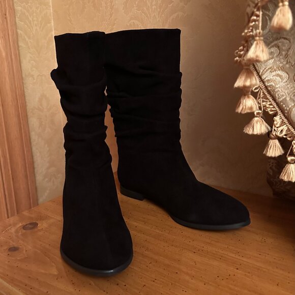 Suola Black Suede Italian Mid-Calf Boots — Size EU 38 / US 8 — Genuine Leather - Picture 1 of 14